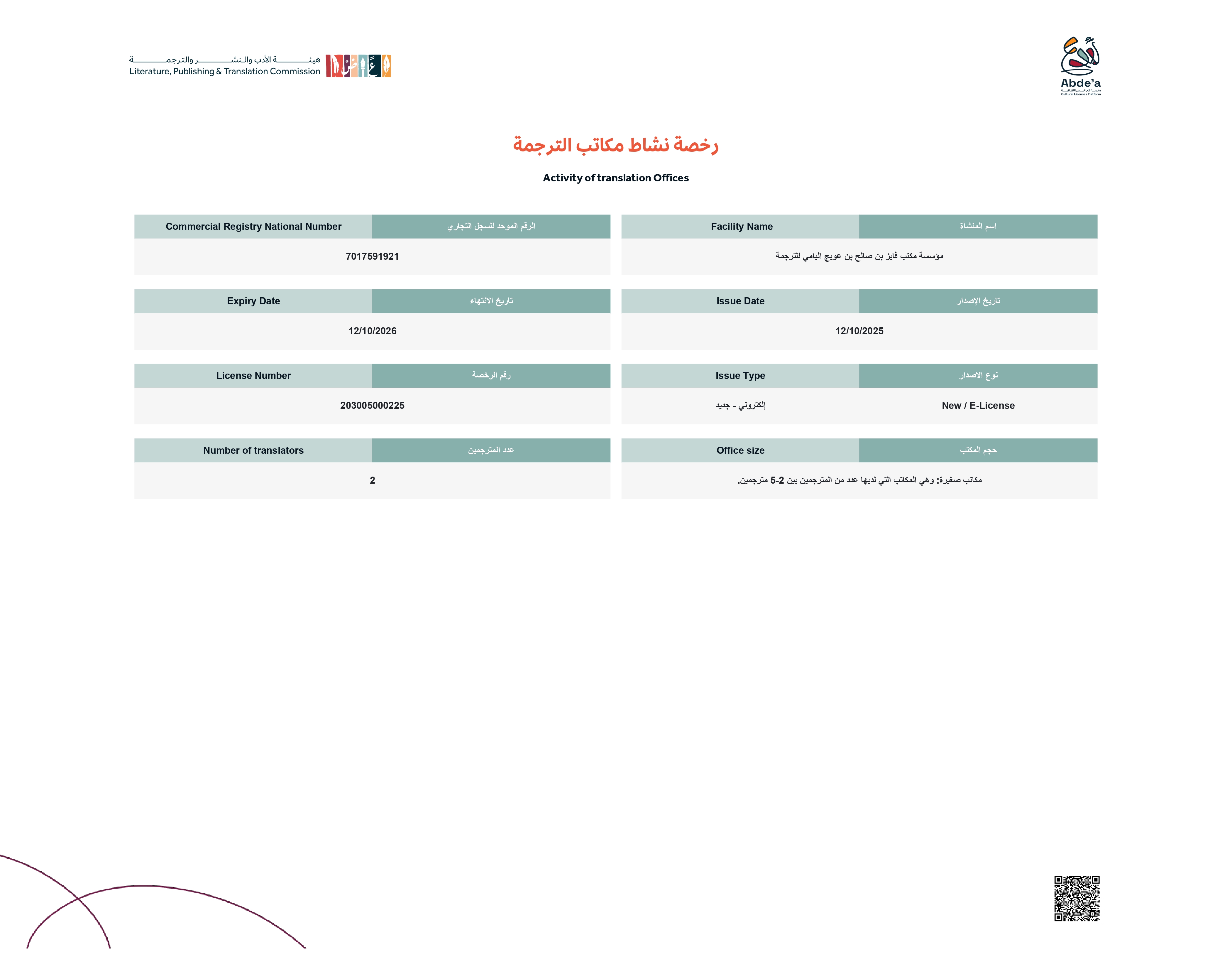 Activity of Translation Offices Certificate